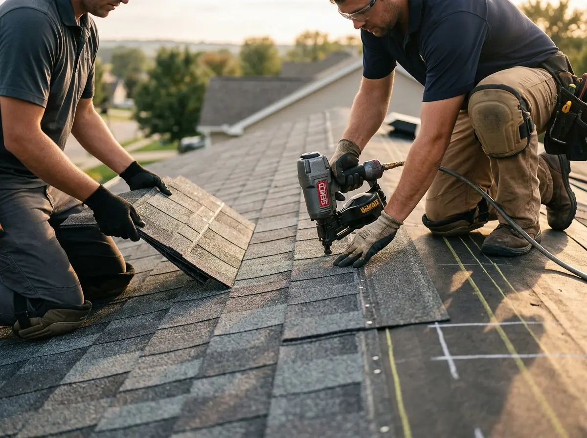 Professional roofer working on a residential roof in Rocklin